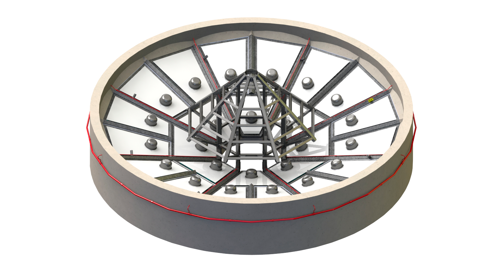 Conical vessel floor arrangement with radial reclaim rows